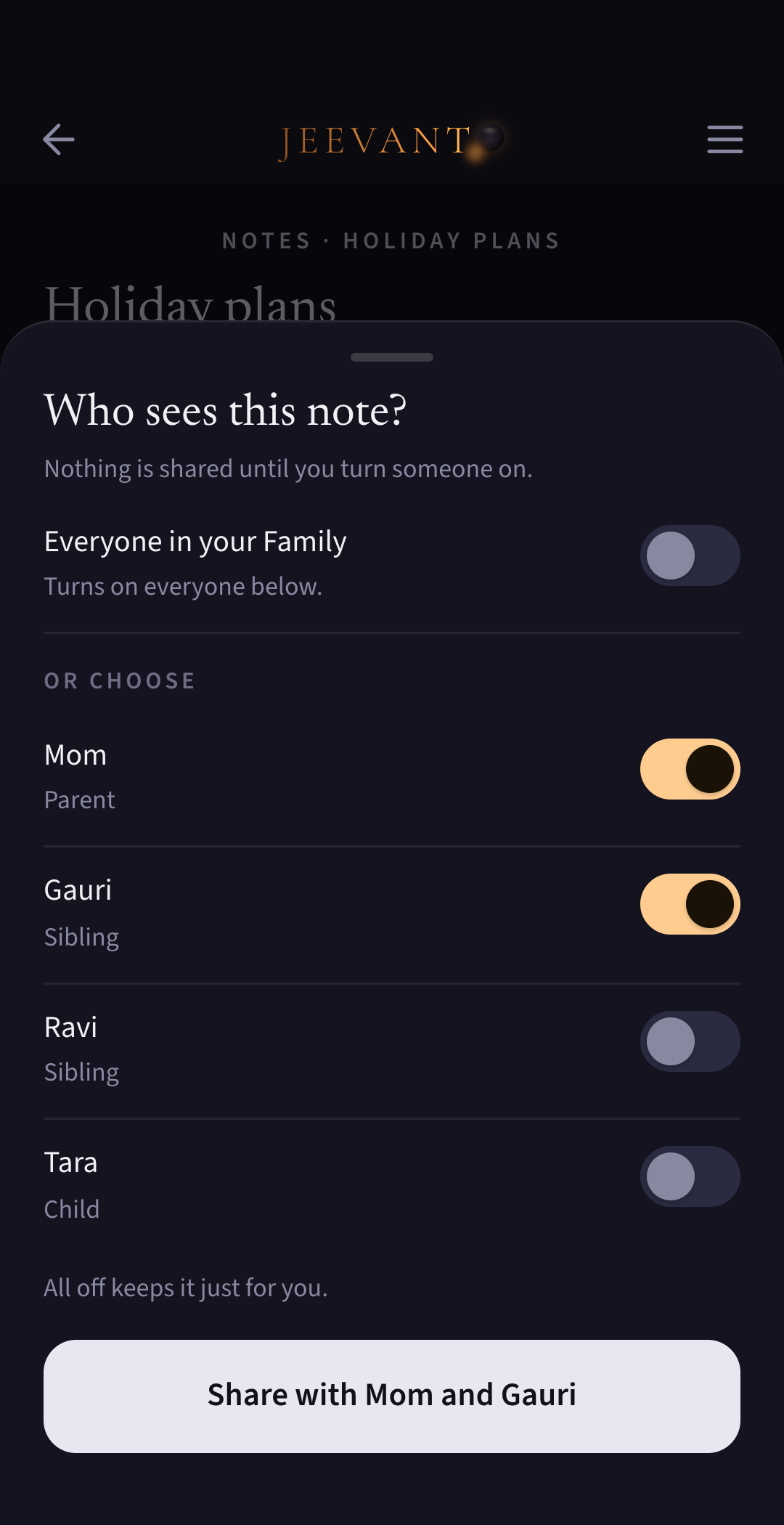 App screen: Choosing who sees a note