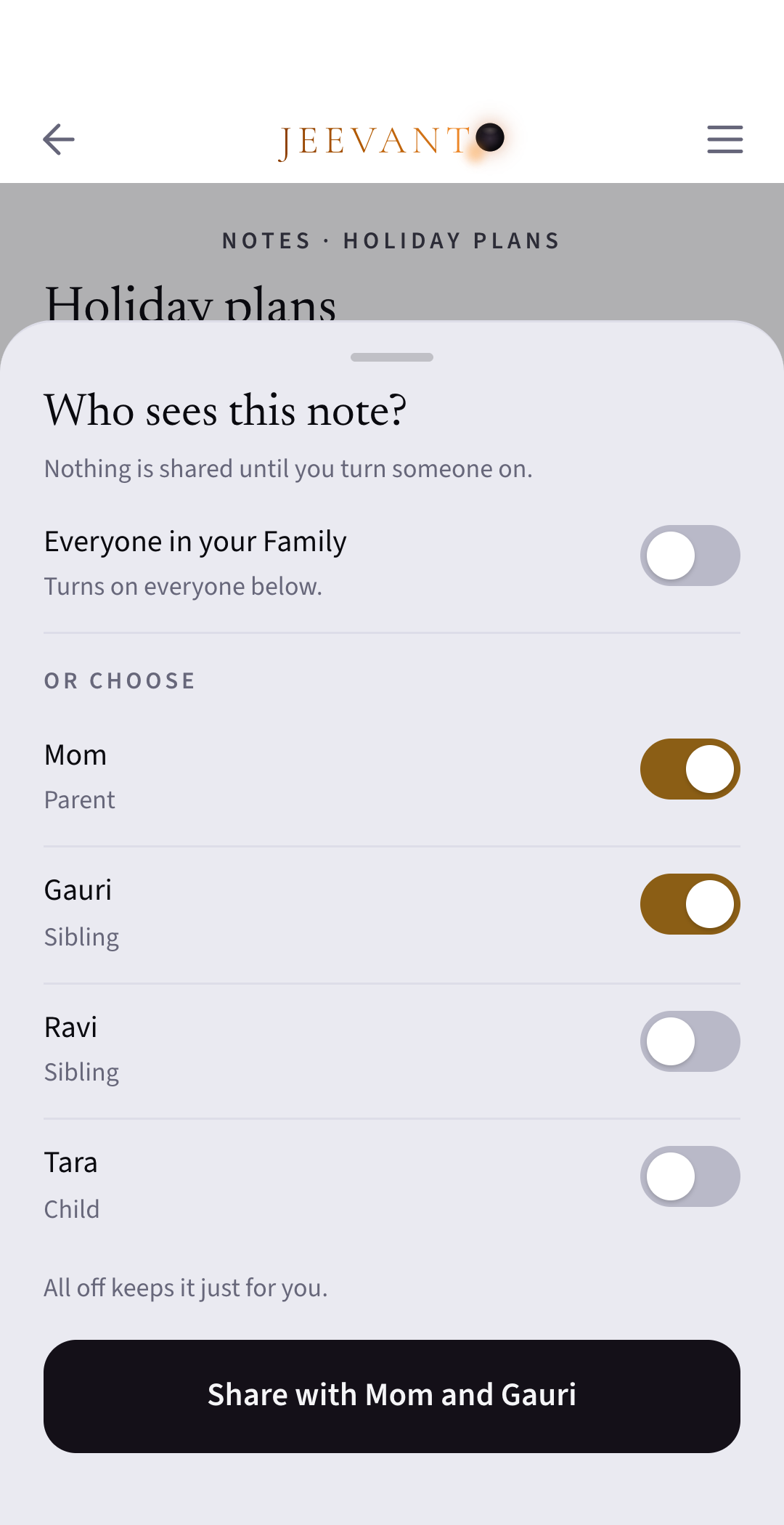 App screen: Choosing who sees a note