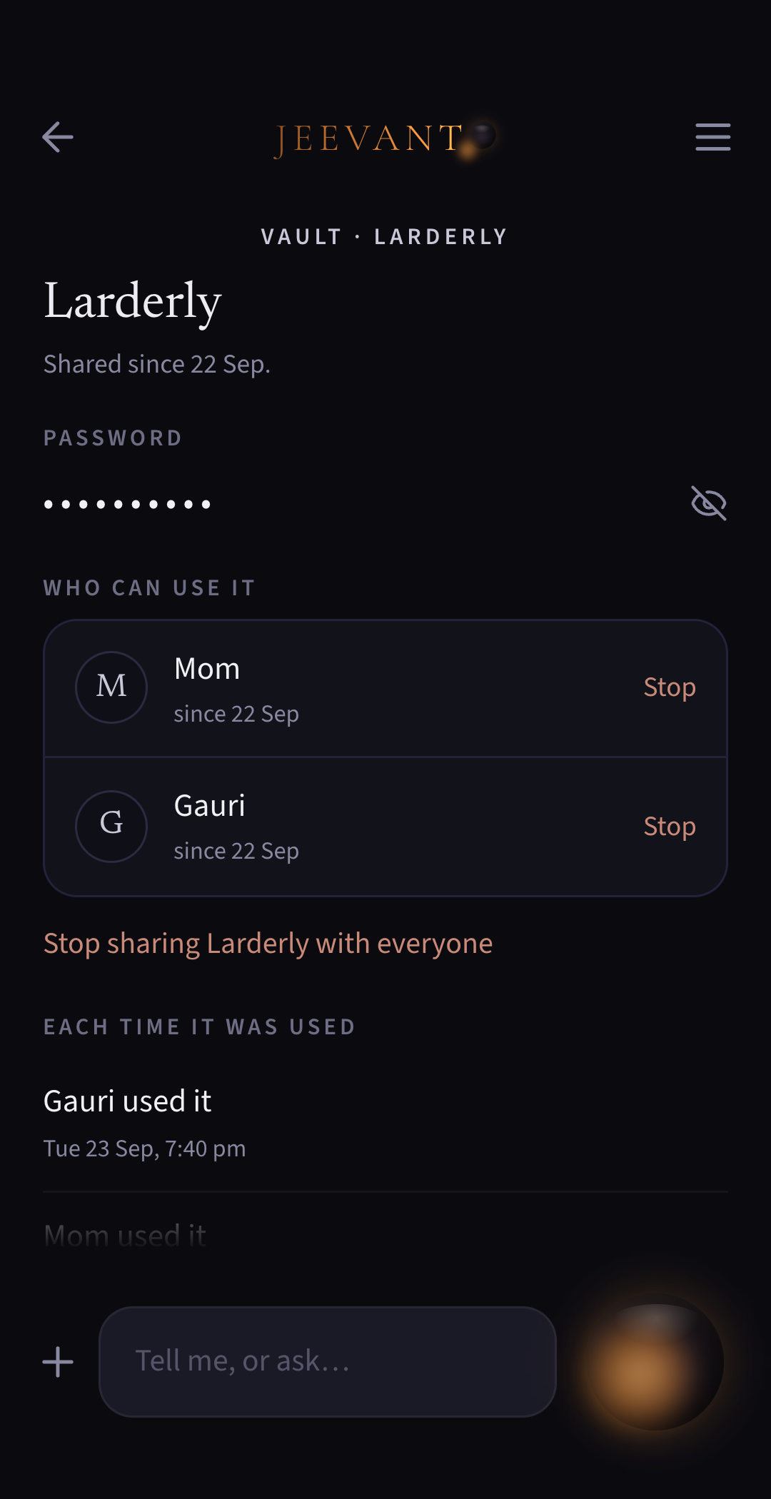 App screen: Sharing a store login