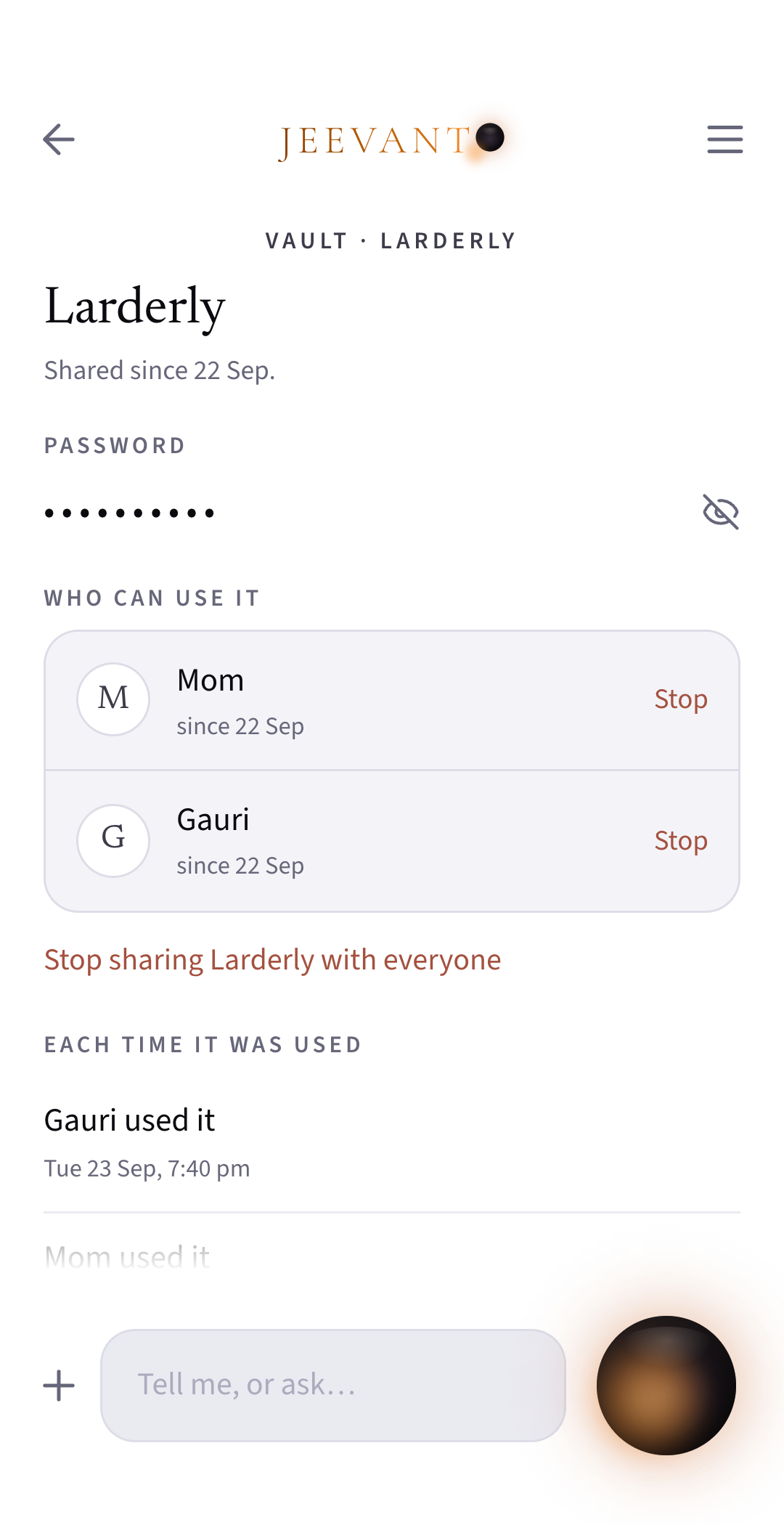App screen: Sharing a store login