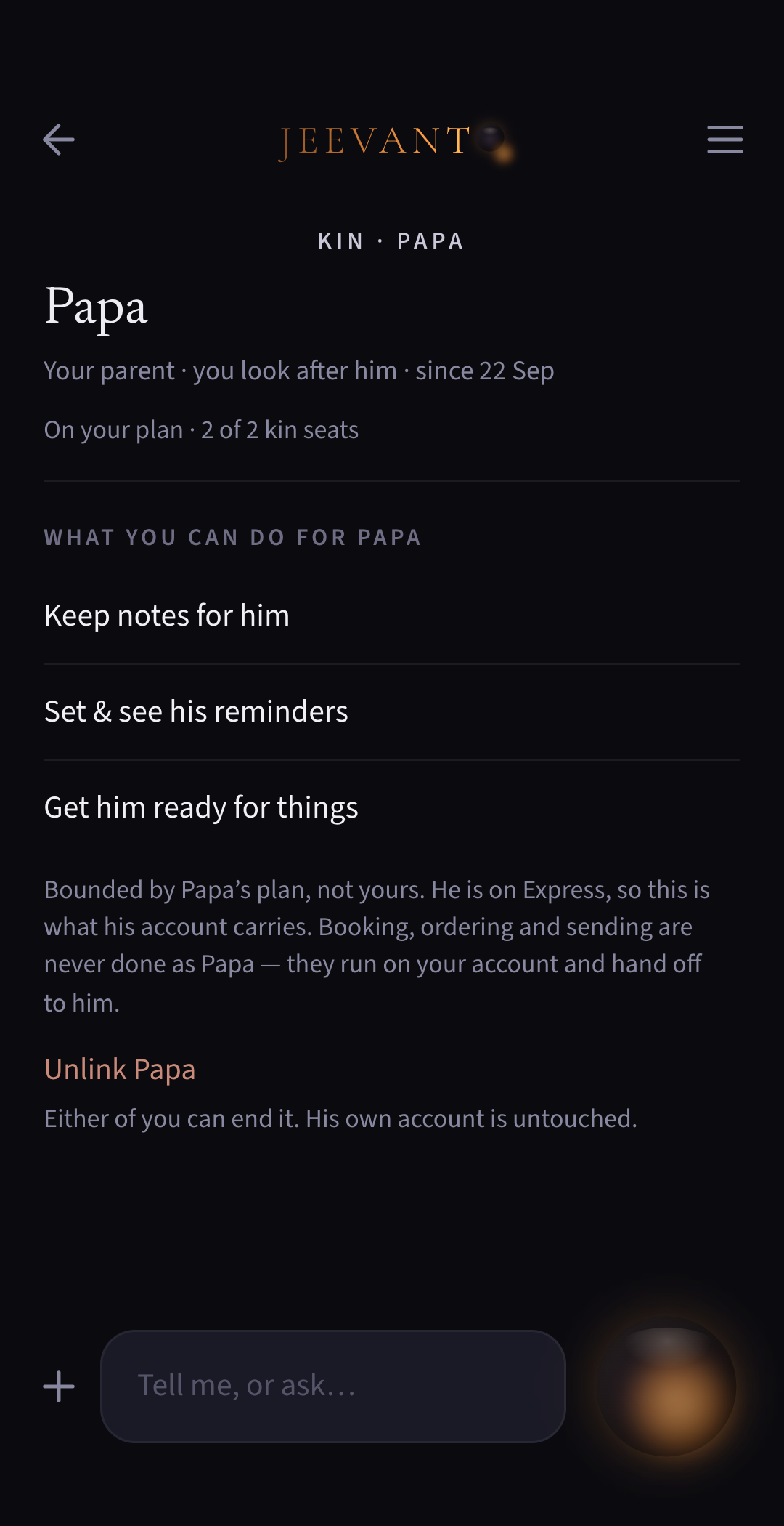 App screen: A kin link, as the care-giver sees it