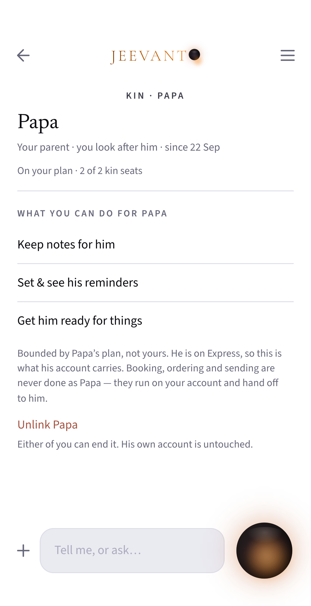 App screen: A kin link, as the care-giver sees it