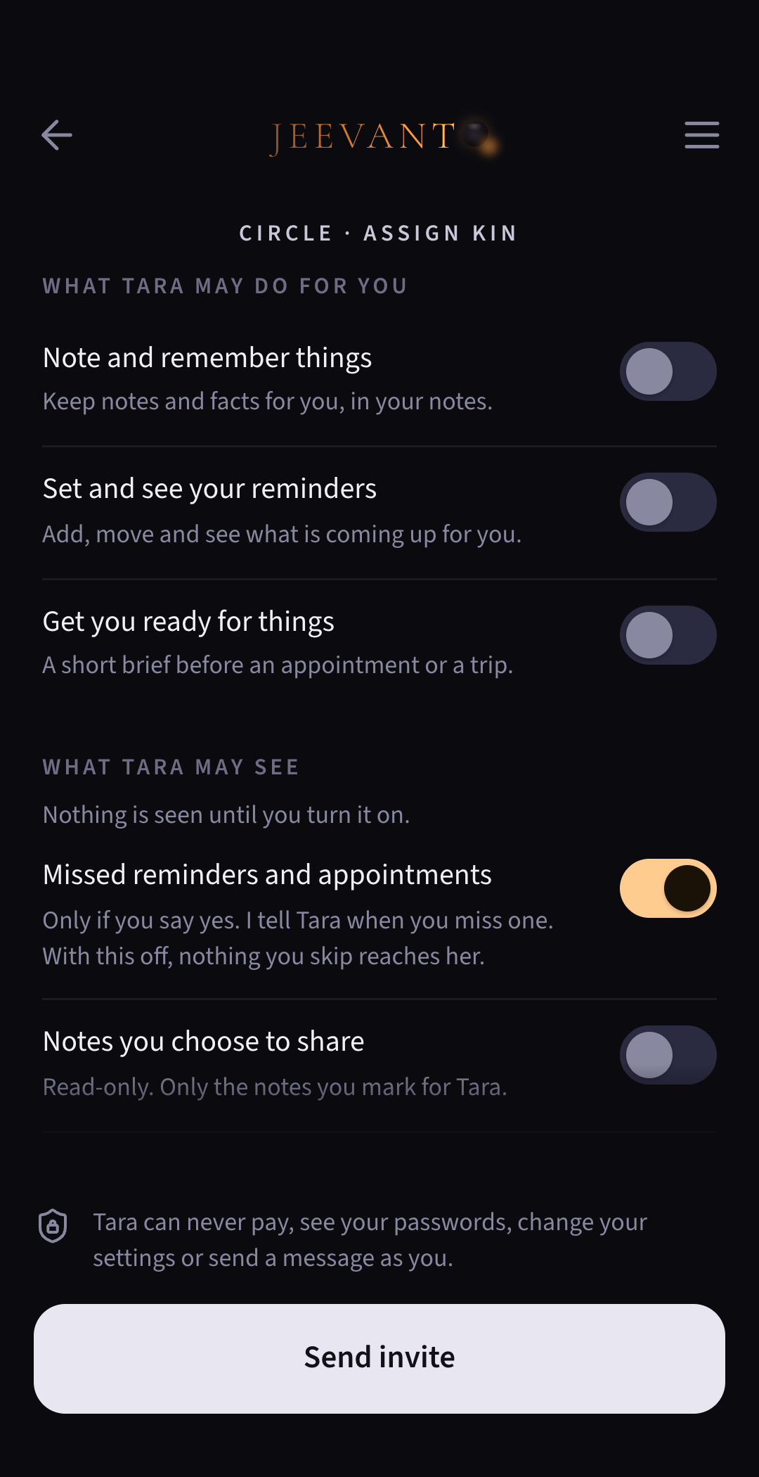 App screen: What your care-giver may see and do