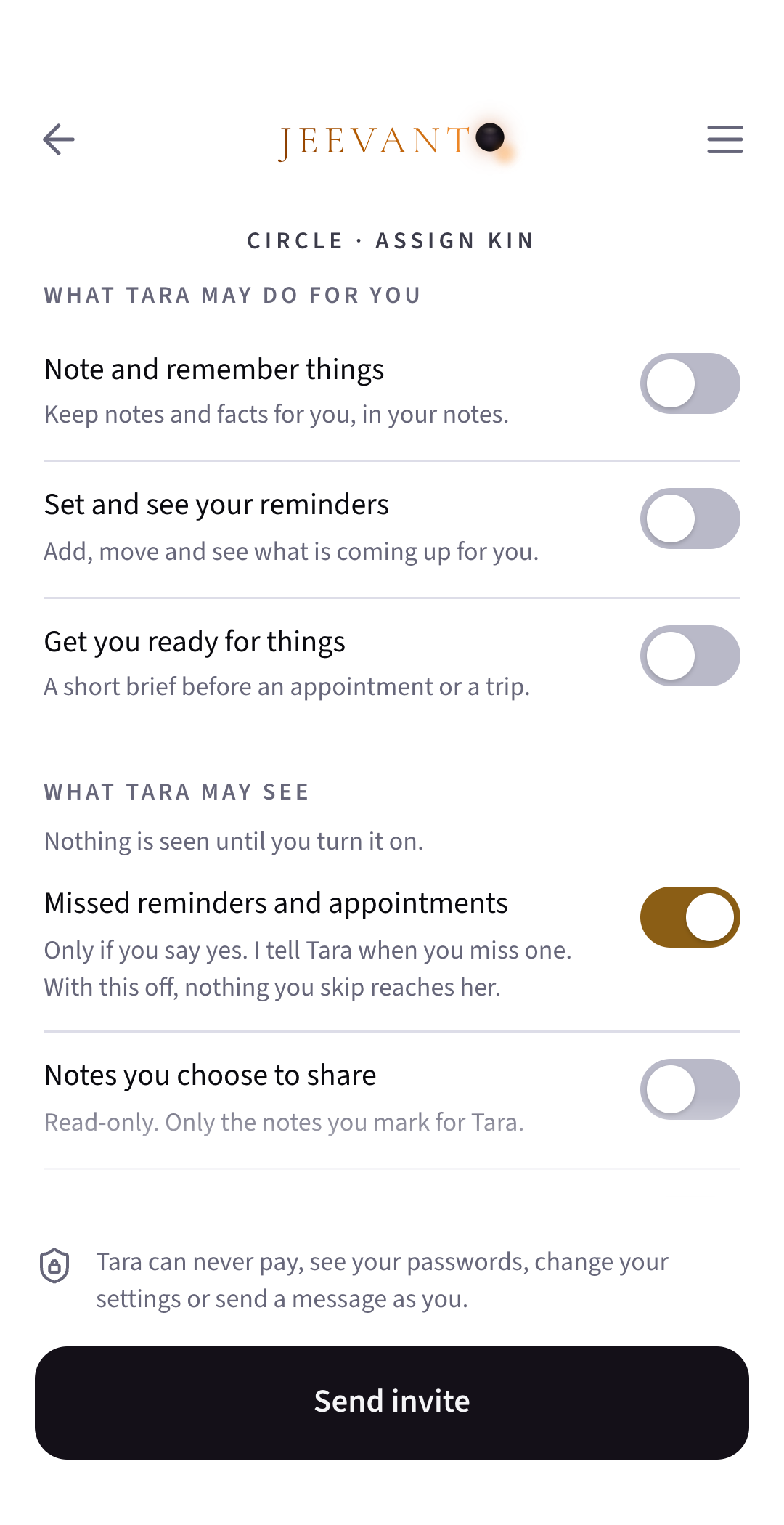 App screen: What your care-giver may see and do