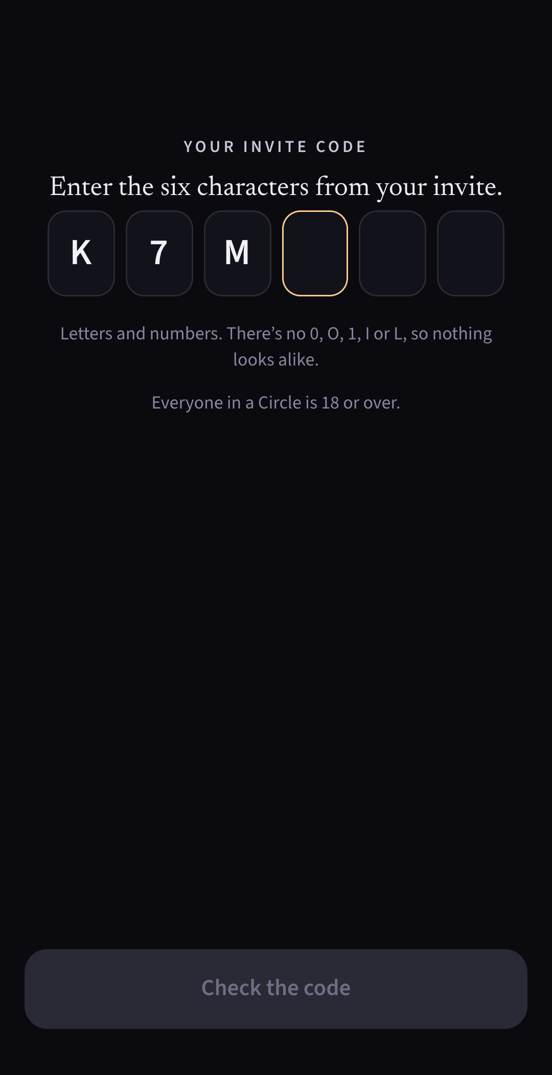 App screen: Entering the six-character code