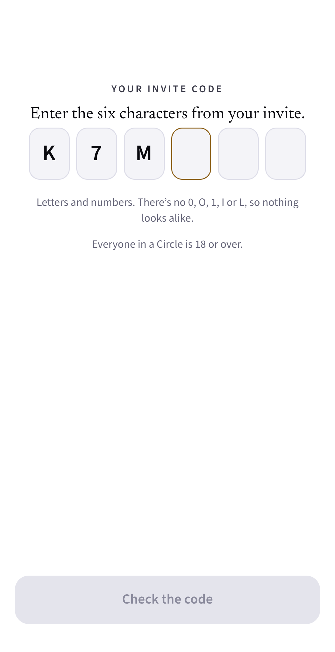 App screen: Entering the six-character code