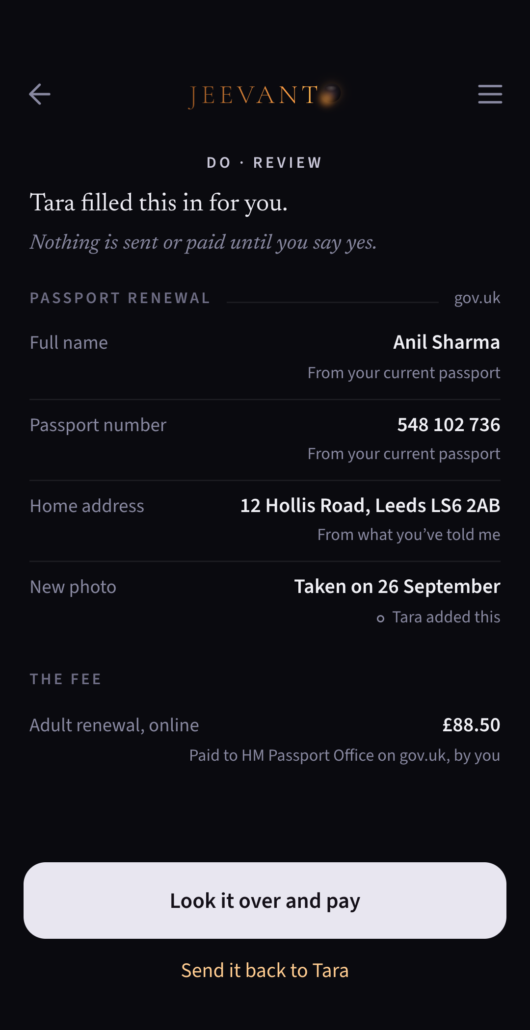 App screen: Tara filled in your passport renewal