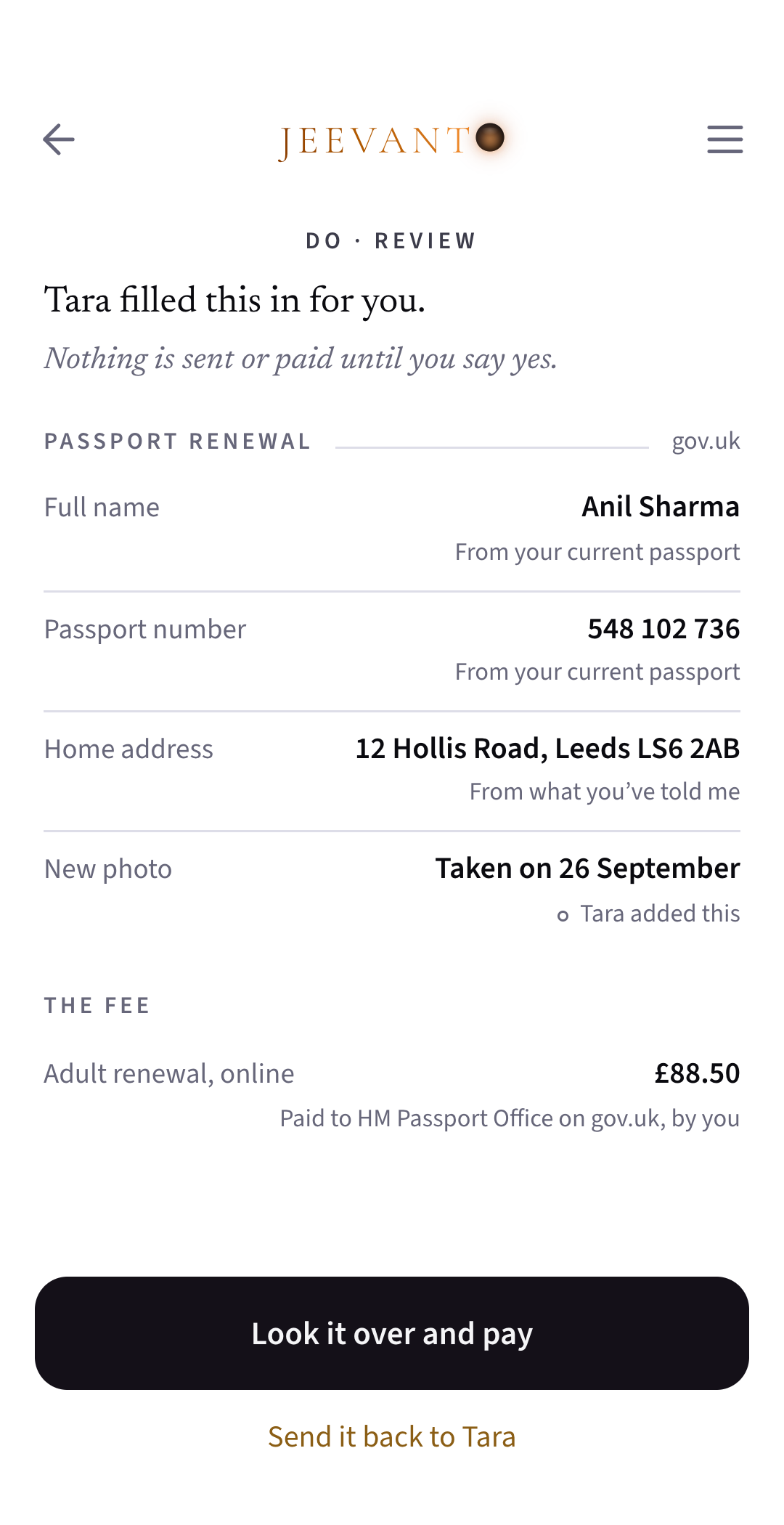 App screen: Tara filled in your passport renewal